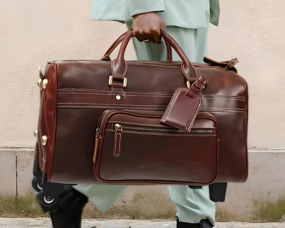 leather carry on duffel bag with wheels